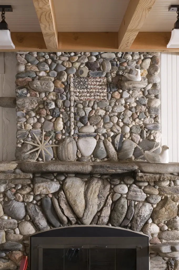 Stone fireplace with American flag detailing at Bayberry